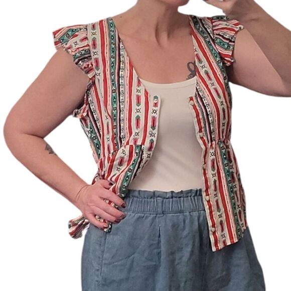 Wrangler Retro Southwestern Short Ruffle Sleeve Pearl Button Down Blouse Medium - Picture 9 of 13